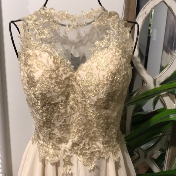 Faviana Sheer Lace Overlay Gold Trim Dress - Picture 3 of 7